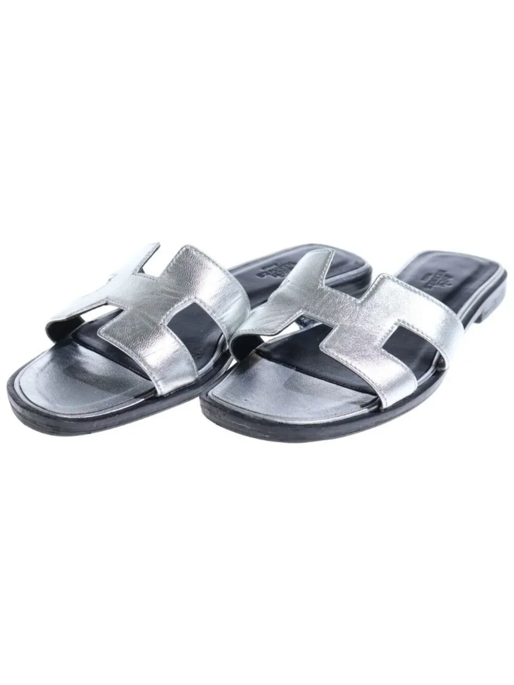 Hermes Oran Flat Sandals Silver Black Leather